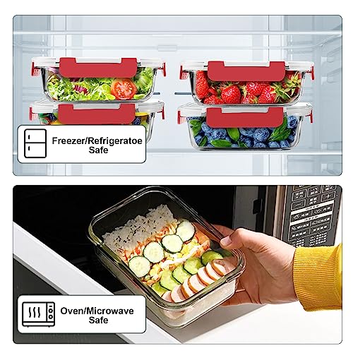 VERONES 10 Pack 22 OZ Glass Meal Prep Containers, Airtight Glass Lunch Containers Set, Glass Food Storage Containers with Lids,Exclusive of BPA, for Microwave, Oven, Freezer & Dishwasher Friendly,Red - color: Red