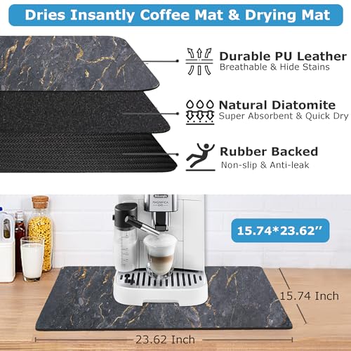 Dish Drying Mat Coffee Bar Mat for Kitchen Counter, Absorbent Dish Rack Pad Hide Stain with Non-slip Rubber Backed Coffee Accessories Fit Under Espresso Machine Maker Black Marble 22.83"x14.96"