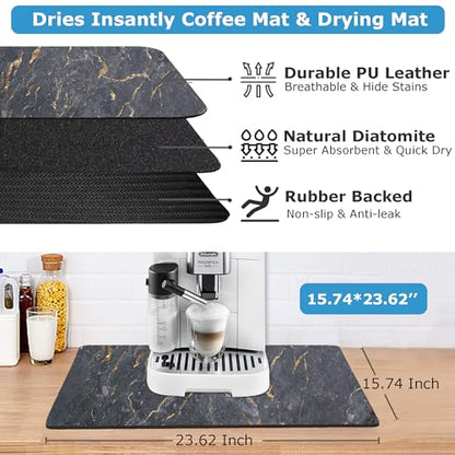 Dish Drying Mat Coffee Bar Mat for Kitchen Counter, Absorbent Dish Rack Pad Hide Stain with Non-slip Rubber Backed Coffee Accessories Fit Under Espresso Machine Maker Black Marble 22.83"x14.96"