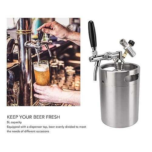 Beer Growler Tap System, Mini Beer Keg Growler 5L Stainless Steel Portable Pressurized Home Dispenser System with 60PSI Pressure Regulator for Homebrew Craft and Draft Beer