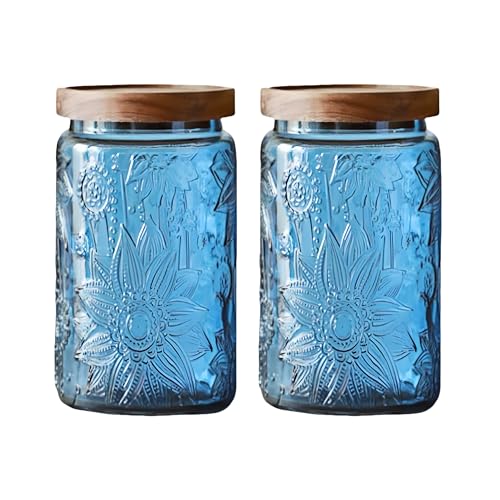 ANSQU Set of 2 Vintage Blue Glass Storage Jars with Wood Lids, 34oz Kitchen Canisters for Coffee, Sugar, Cookies, Candy – Decorative Pantry Organizers (Blue 2, 34 Ounces) - color: Blue 2, size: 34 Ounces