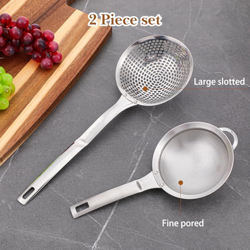 Kifmurase 2PCS Spider Strainer Skimmer Spoon Set Fine Mesh Stainless Steel Sieve Skimmer Ladle Colander with Handle, Large Hole Slotted Colander Frying Spoons for Kitchen Cooking Filter Food Residues