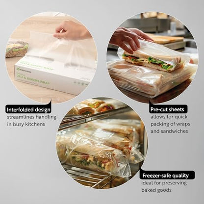 Restaurantware Plastic Food Wraps 1000 Pack of 10.75" x 12" Pre-Cut Clear Sandwich Wraps Disposable Pop-Up Microwavable Freezable Greaseproof Food Covers for Burgers, Snacks, And Take Out - size: 12" x 10.8"