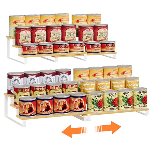 Expandable Can Organizer for Pantry, 3-Tier Adjustable Bamboo & Iron Can Rack for Cabinets, Easy Access Food Storage Shelf for Canned Goods - color: Bamboo