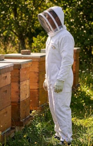 MS Premium Ventilated Cotton Beekeeping Suit with Fencing Veil & Protective Gloves – Full Body Beekeeper Suit for Men & Women - color: White, size: XX-Large