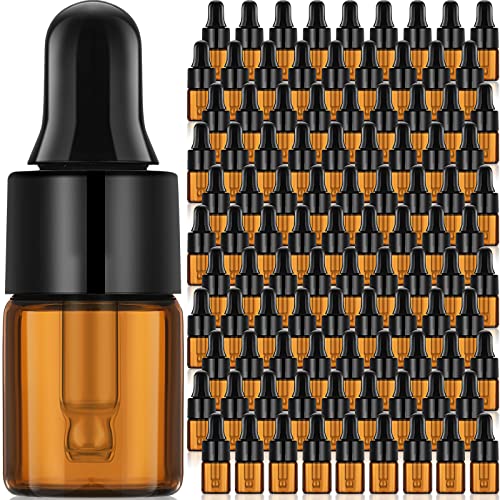 Nuogo 100 Pcs Mini Amber Glass Oil Dropper Bottle Bulk, Clear Essential Small Empty Sample Vial with Dropper and Black Caps Tiny Amber Glass Bottles Perfume Jars for Travel(2 ml) - size: 2 ml