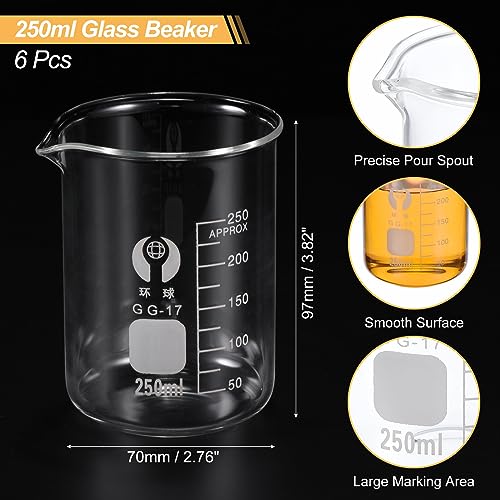 PATIKIL 250ml Low Form Glass Beaker, 6 Pack 3.3 Borosilicate Glass Graduated Printed Scale Measuring Cups with Spout for Kitchen Lab Liquids - size: 250ml