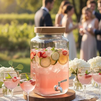Kitchentoolz 2 Gallon Glass Beverage Dispenser with Wooden Lid – Large Square Mason Jar Drink Container with Stainless Steel Spigot – Big Batch Iced Tea, Lemonade, Water, or Party Drinks