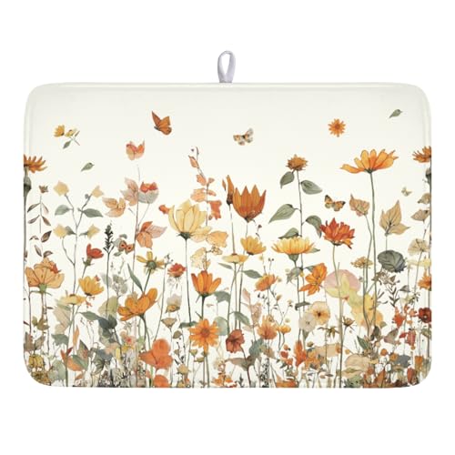 Fall Floral Dish Drying Mat for Kitchen Counter Orange Rustic Vintage Wildflower Pattern Microfiber Dish Drainer Mat Autumn Absorbent Washable Drying Pad Extra Large 18"x24" - color: Fall Floral, size: 24" x 18"