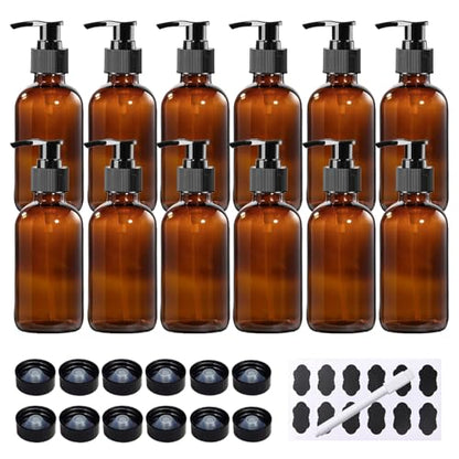 12 Pack 8 oz Amber Glass Bottles with Pumps for Essential Oils, Cleaning Products, Lotions, Aromatherapy Oil, Pump Bottles, Refillable Containers with Cap, Funnel, 12 Chalk Labels, 1 Pen - size: 8 oz Amber 12Pack
