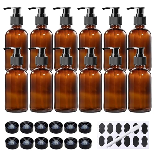 12 Pack 8 oz Amber Glass Bottles with Pumps for Essential Oils, Cleaning Products, Lotions, Aromatherapy Oil, Pump Bottles, Refillable Containers with Cap, Funnel, 12 Chalk Labels, 1 Pen - size: 8 oz Amber 12Pack