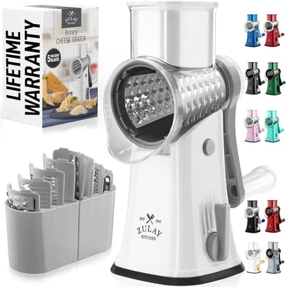 Zulay Kitchen Rotary Cheese Grater 5 Blade Cheese Shredder - Manual Hand Crank Cheese Grater With Reinforced Suction & 5 Interchangeable Drums - Easy to Use, Vegetable Chopper Round Mandoline Slicer - color: Gray and White
