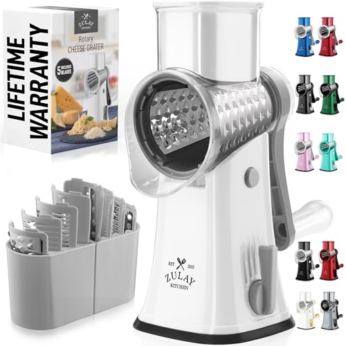 Zulay Kitchen Rotary Cheese Grater 5 Blade Cheese Shredder - Manual Hand Crank Cheese Grater With Reinforced Suction & 5 Interchangeable Drums - Easy to Use, Vegetable Chopper Round Mandoline Slicer - color: Gray and White