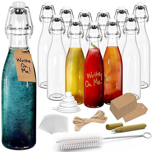 Nevlers 12 Oz Swing Top Glass Bottles with Airtight Lid 12 Pack Bundle | Flip Top Glass Bottle w/ Shrink Wrap, Tags, Funnel, Brush & Marker | Vanilla or Fermentation Bottle | 12oz Bottles with Caps - size: 12 Pack - Round