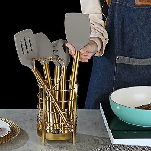Gold Kitchen Utensils Set, Berglander 38 Pieces Non-stick Silicone Cooking Tools Spoon Spatula Set With Sturdy Stainless Steel Utensil Holder, Dishwasher Safe - style: a. 38 Pieces