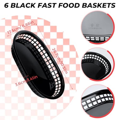 60 Sheets Red Checkered Deli Liners and 6 Black Fast Food Baskets, Classic Deli Baskets with Red Checkered Dry Waxed Deli Paper(12'') (6+60)
