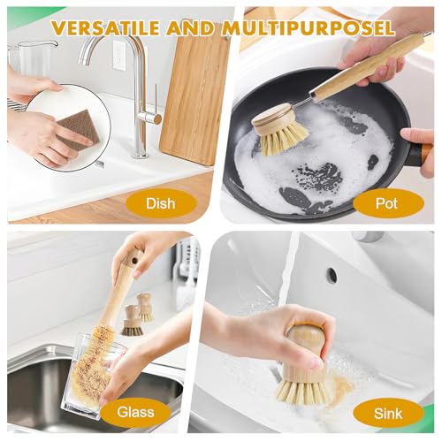 DEBETOOL 6 Piece Bamboo Dish Brush Set with Coconut Sponge - Wooden Dish Brush with Sisal and Palm Fiber, Natural Bamboo Dish Scrub Brush for Kitchen Cleaning Dishes, Pots, Pans, Bottles, Vegetables