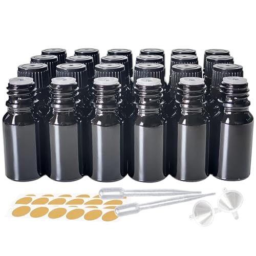 24 Pack 10ml Black Glass Essential Oils Bottles Empty Glass Dropper Vials Sample Bottle With Orifice Reducer and lid,for Aromatherapy Oils (Black, 10ml) - color: Black
