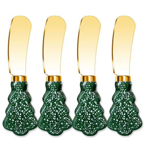 Christmas Tree Spreader Knife Set, Gold Stainless Steel Butter Knives, Holiday Serving Utensils for Cheese Jam, Gift for Home Bakers, 4-Piece - color: Green