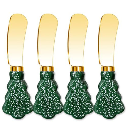 Christmas Tree Spreader Knife Set, Gold Stainless Steel Butter Knives, Holiday Serving Utensils for Cheese Jam, Gift for Home Bakers, 4-Piece - color: Green