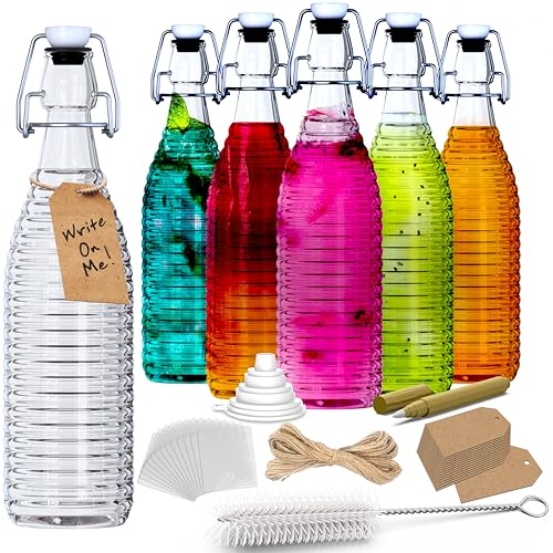 Nevlers 33 Oz Ringed Swing Top Glass Bottles with Airtight Lid 6 Pack | Flip Top Glass Bottle with Stopper , Funnel, Brush, Shrink Wrap, Tags & Marker | Fermenting or Kombucha Bottles with Stoppers - size: 6 Pack, style: Ringed