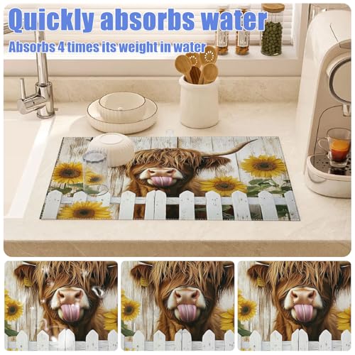 Sunflower Highland Cow Dish Drying Mat for Kitchen Counter Drying Pad Absorbent Reversible Dish Drainer Rack Mats Draining Pad 18"x24"Inch
