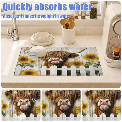 Sunflower Highland Cow Dish Drying Mat for Kitchen Counter Drying Pad Absorbent Reversible Dish Drainer Rack Mats Draining Pad 18"x24"Inch