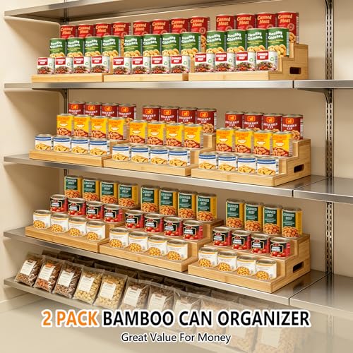 2 Pack Bamboo Expandable Can Rack Organizer for Pantry, Stackable 3 Tier Canned Food Organizers and Storage, Kitchen Cabinet, Food Can Holders Dispensers for Pantry Up To 48 Cans