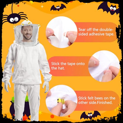 62 Pcs Beekeeper Costume Set Bee Keeper Hat with Veil 20pcs Felt Bees Beekeeping Gloves 2 Sheets Double Sided Tape Bee Keeper Costumes Adult Halloween Costume