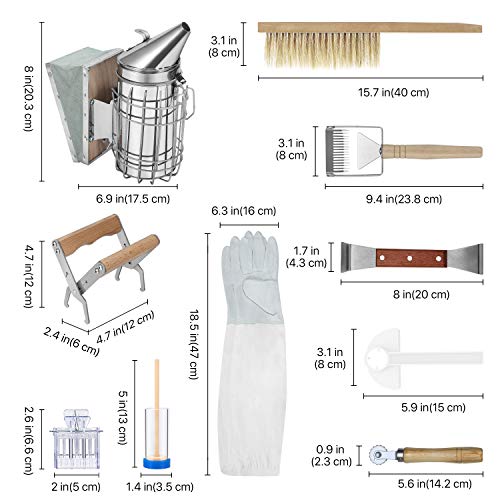 Flexzion Bee Keeping Starter Kit - 10 Piece Beekeeping Tools & Bee Keeping Supplies-All Set with Smoker, Frame Holder, Gloves, Bee Brush, Scraper, Fork, Queen Clip Cage, Marking Tube, Feeder & Frame