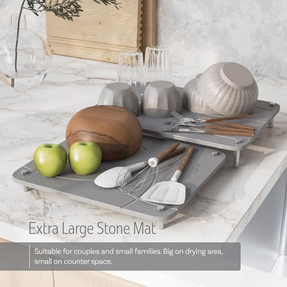 Nested Stone Drying Mat for Kitchen Counter | Large 16"x12" Dish Drying Mat plus 13"x12" Diatomaceous Earth Stone Dish Drying Mat | Expands to 29” x 12” | Premium Stone Mat (Light Gray) - color: Light Gray