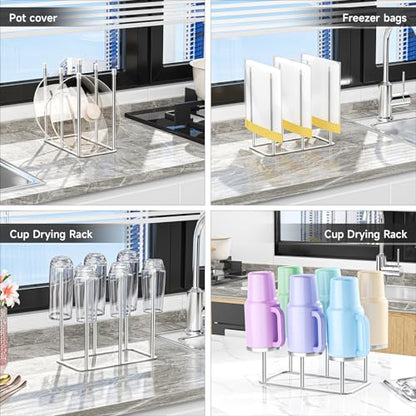Water Bottle Drying Rack Reusable Bottle Rack Dryer Kitchen Stand Holder Metal Countertop Baby Bottle Drying Rack Water Cup Drying Rack for Plastic Bags, Bottles and Cups (Sliver, Large) - size: Large