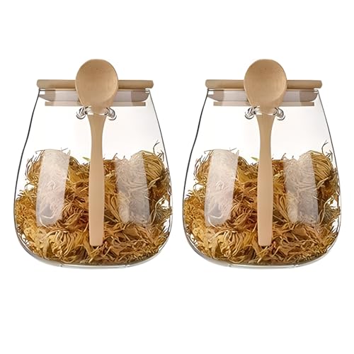 Airtight glass jar storage container with bamboo lid Set of 2, wide mouth, leak-proof, With a spoon, can be used for coffee beans, tea leaves, grains, dried fruits, etc (Large*2PCS) - color: Large*2PCS