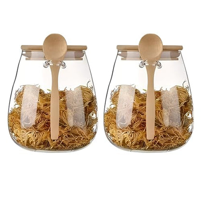 Airtight glass jar storage container with bamboo lid Set of 2, wide mouth, leak-proof, With a spoon, can be used for coffee beans, tea leaves, grains, dried fruits, etc (Large*2PCS) - color: Large*2PCS