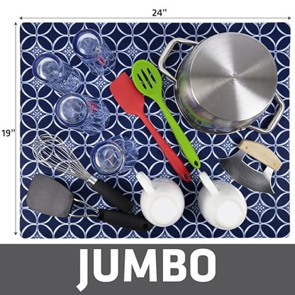 Drymate Jumbo XL Dish Drying Mat (19”x24”), Low-Profile, Super Absorbent, Quick Dry Fabric, Waterproof & Slip-Resistant, for Kitchen Counter, Trimmable, Easy to Clean (USA Made)(Indigo) - size: 19" x 24"