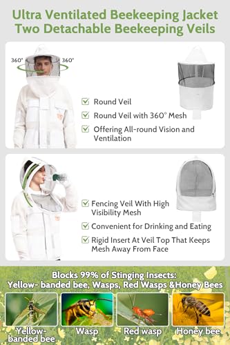 Sting Proof Bee & Beekeeping Jacket, 3-Layer Vented 2 Veils & Gloves,M | Ultra-Breeze Ventilated Beekeeper Jacket for Men & Women, Dual Veils, Beginner to Pro, All-Day Comfort, Backyard Apiary - size: M