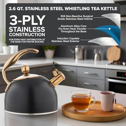 Viking 3-Ply Stainless Steel Tea Kettle, 2.6 Quart Stovetop Hot Water Pot with Tempered Glass Lid, Ergonomic Handle, Induction Ready, Matte Black and Copper - color: Matte Black and Copper
