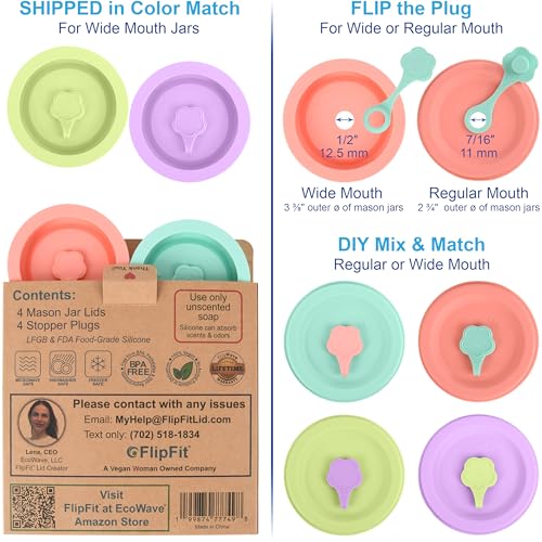 ORIGINAL CREATOR - FlipFit™ Silicone Mason Jar Lids with Straw Hole - Dual-Fit Regular Mouth & Wide Mouth Mason Jars Ball, Kerr, Mainstays - Drinking Lids with Straw Hole - Plastic-Free