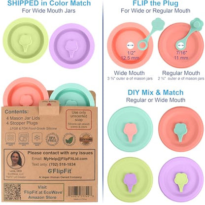 ORIGINAL CREATOR - FlipFit™ Silicone Mason Jar Lids with Straw Hole - Dual-Fit Regular Mouth & Wide Mouth Mason Jars Ball, Kerr, Mainstays - Drinking Lids with Straw Hole - Plastic-Free