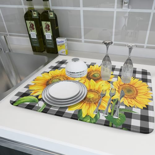 Sunflower Dish Drying Mat for Kitchen Counter Black White Buffalo Plaid Microfiber Absorbent Dish Draining Reusable Washable Foldable Extra Large 18"x24" - size: 24" x 18"