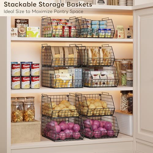 3-Tier Stackable Wire Baskets for Counter, Fruit and Vegetable Storage, Potato and Onion Storage Bin，Kitchen Pantry Organizer - Wall Basket for Produce/Snack/Can, Black - size: 3-tier Large