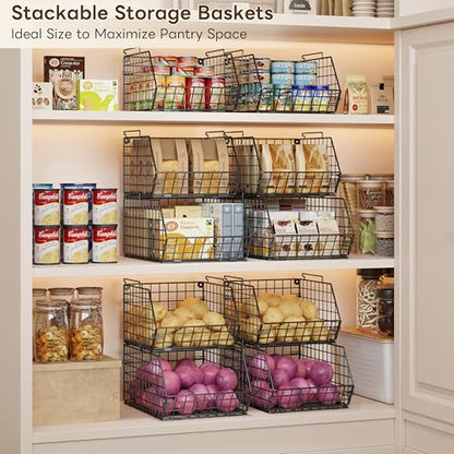 3-Tier Stackable Wire Baskets for Counter, Fruit and Vegetable Storage, Potato and Onion Storage Bin，Kitchen Pantry Organizer - Wall Basket for Produce/Snack/Can, Black - size: 3-tier Large