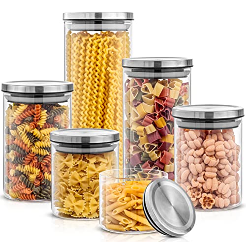 JoyJolt Kitchen Canister Set. 6 Glass Jars with Lids (Stainless Steel) Lids. Airtight Food Storage Containers for Pantry or Counter. Versatile Pantry Organization, Sugar Container or Cereal Canisters - style: Stainless Steel Covers