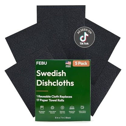 FEBU Swedish Dishcloths for Kitchen | 5 Pack Black Reusable Paper Towels Washable | Swedish Dish Towels | Non-Scratch Cellulose Sponge Cloths | No Odor, Biodegradable Cleaning Cloths - color: Black