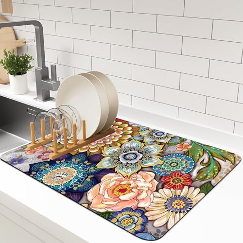 Dish Drying Mat For Kitchen Counter, 16"X24" Absorbent Coffee Bar Mat With Bohemian Abstract Colorful Flowers Dish Drainer Rack Mat For Kitchen Counter (boho, 16"X24") - color: boho, size: 24" x 16"