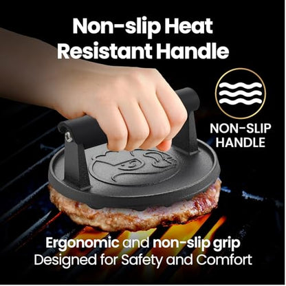 Gourmet Easy Cast Iron Smash Burger Press with Heat Resisitant Handle | Heat-Resistant Handle for a Secure Grip, 2lbs Weight, Ideal for Smash Burgers and Grills, Dishwasher Safe, 5-Year Warranty - color: Burger Press Cast Iron