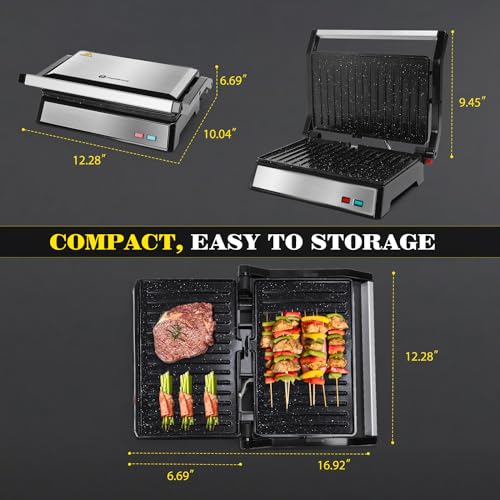 Aigostar Panini Press, 1200W Sandwich Maker and Electric Indoor Grill with Ceramic Non-Stick Coated Plates, Opens 180°to Fit Any Size of Food, Stainless Steel Surface & Removable Drip Tray, Silver