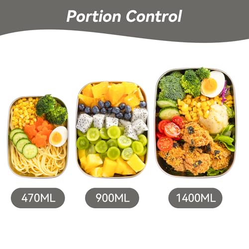 Lille Home Leak Proof Salad Container Stainless for Lunch - Snack Containers Steel - Ideal for Educational Settings & Daycare - Nesting Trio with Silicone Lids - 47oz+30oz+16oz - Grey - color: grey