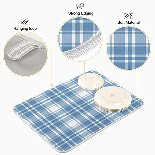 Microfiber Dish Drying Mat, Buffalo Check Plaid Absorbent Dish Drying Rack Pads Kitchen Counter Mat 18Inch X 24Inch Blue White Tartan Pattern Checkered Heat Resistant Sink Mat Dish Draining Mat - color: Plaid, size: 18x24in