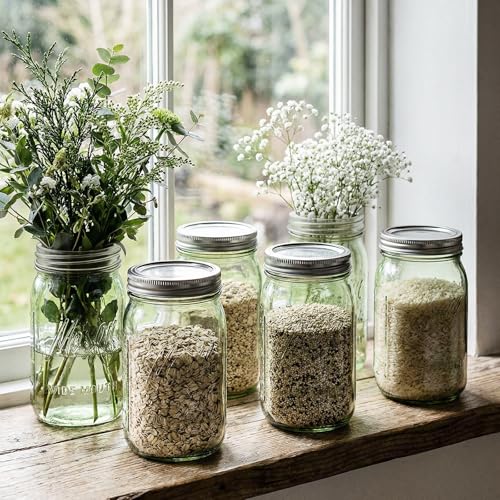 Rubtlamp Green Mason jar 32 oz, 12 Pack Glass Jars - Wide Mouth Mason Jars with Airtight Lids for Pickling, Fermenting, Food Storage&DIY Crafts, Microwave & Dishwasher Safe - color: Green